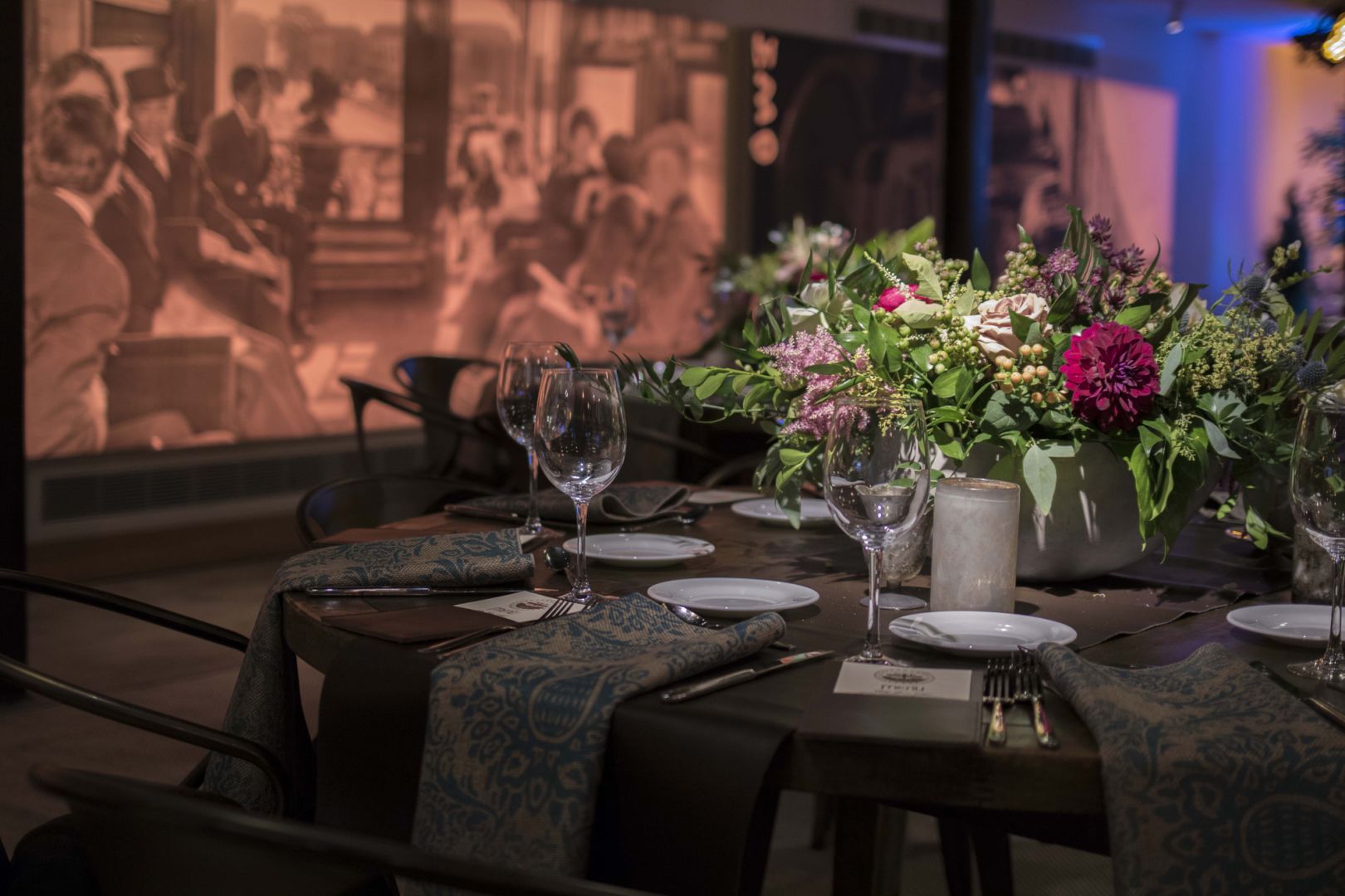 set table in event space at crawford hotel in denver, colorado