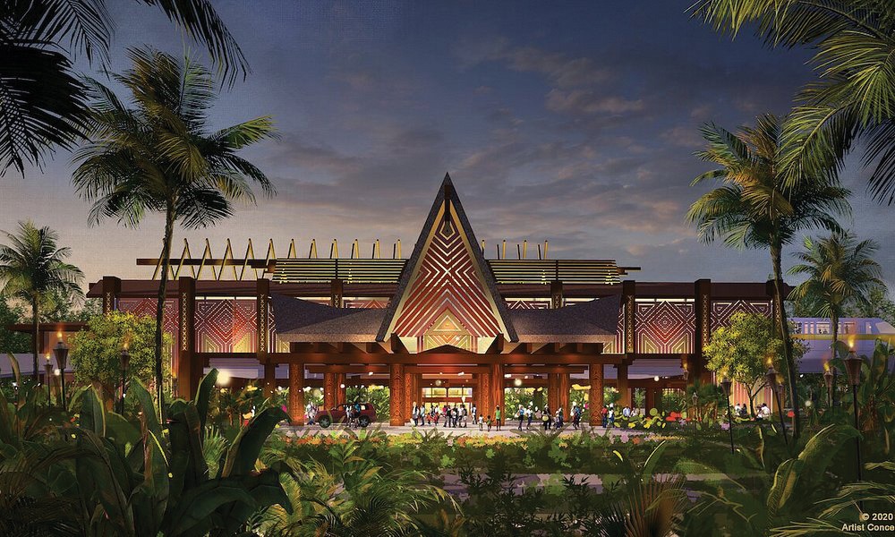 The front of Disney's Polynesian Village Resort. Palm trees frame the front of the hotel, which is decorated with parallel wood slat patterns.