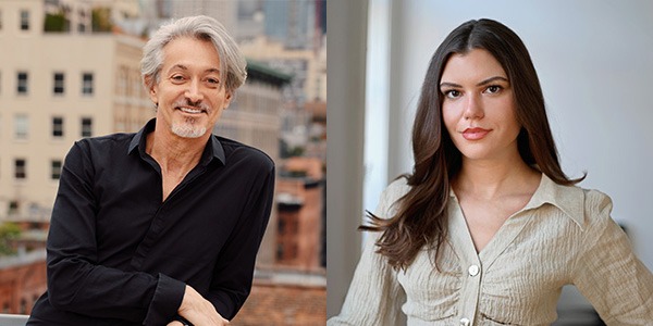 Two portraits of Gilles Stellardo and Victoria Menechella. Stellardo is a brown man with grey hair and Menechella is a younger woman with long brown hair