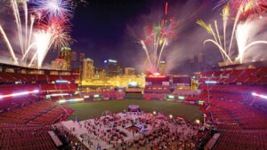 fireworks going off at Busch Stadium in st. louis