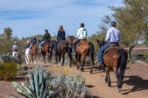 group of people riding horses