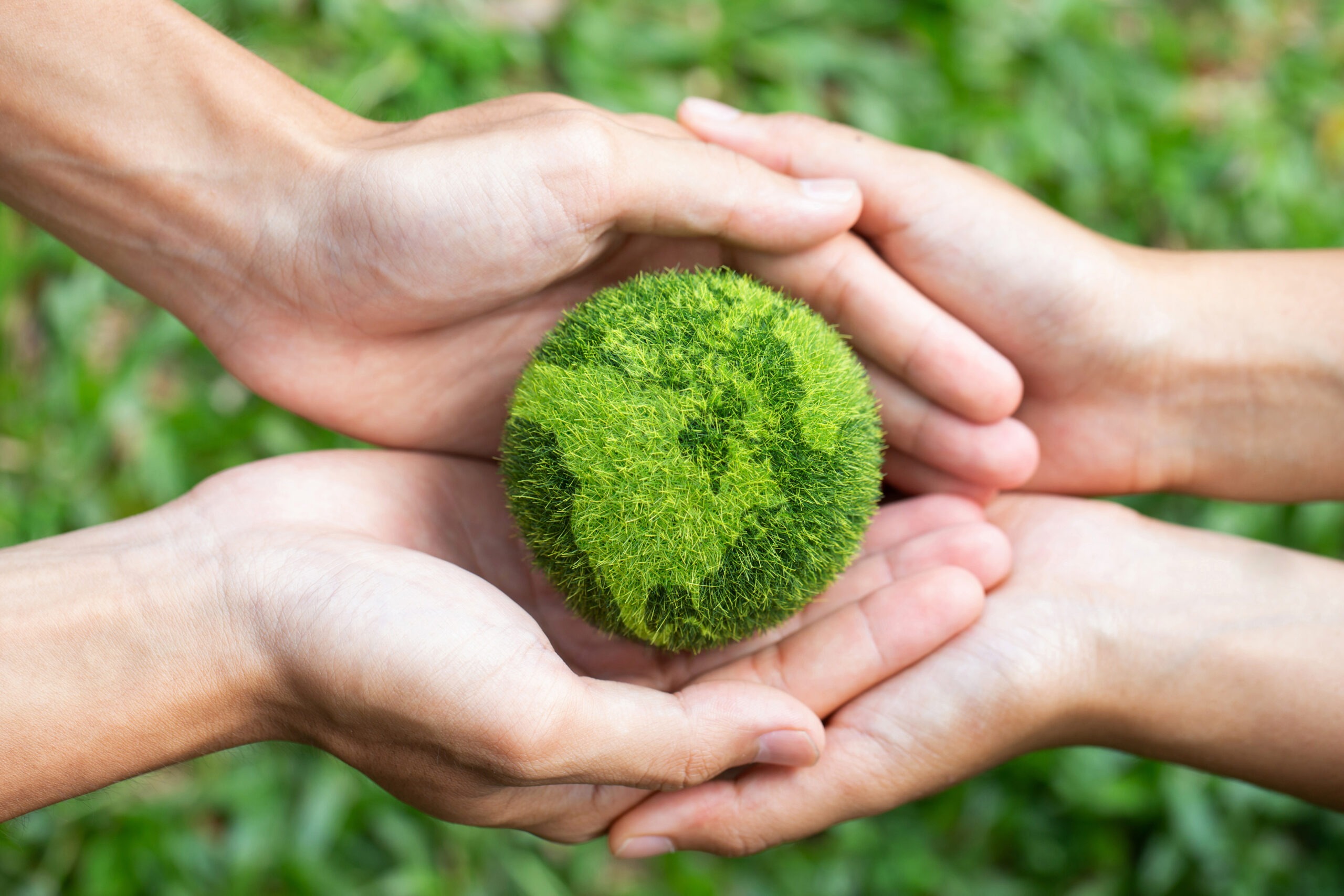 small earth held by two pairs of hands