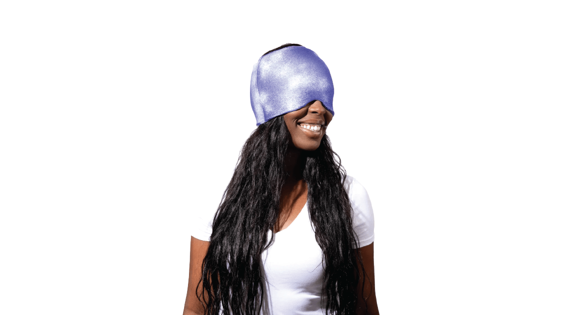 woman wearing purple eye cover