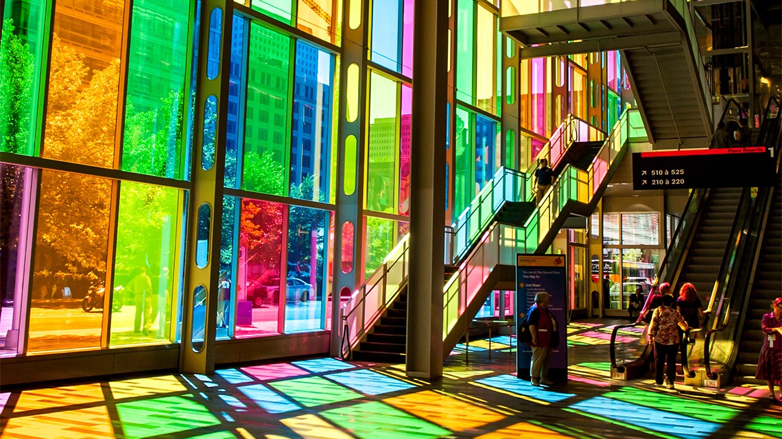 Palais des congrès de Montréal interior with colorful stained glass