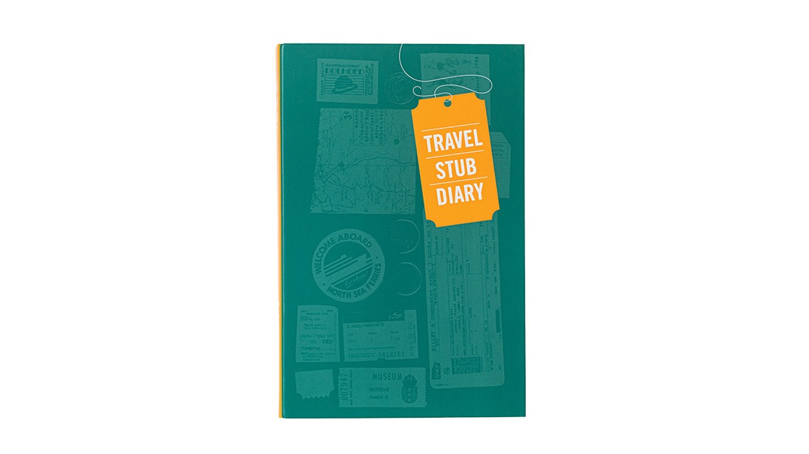 green book with title "travel stub diary"